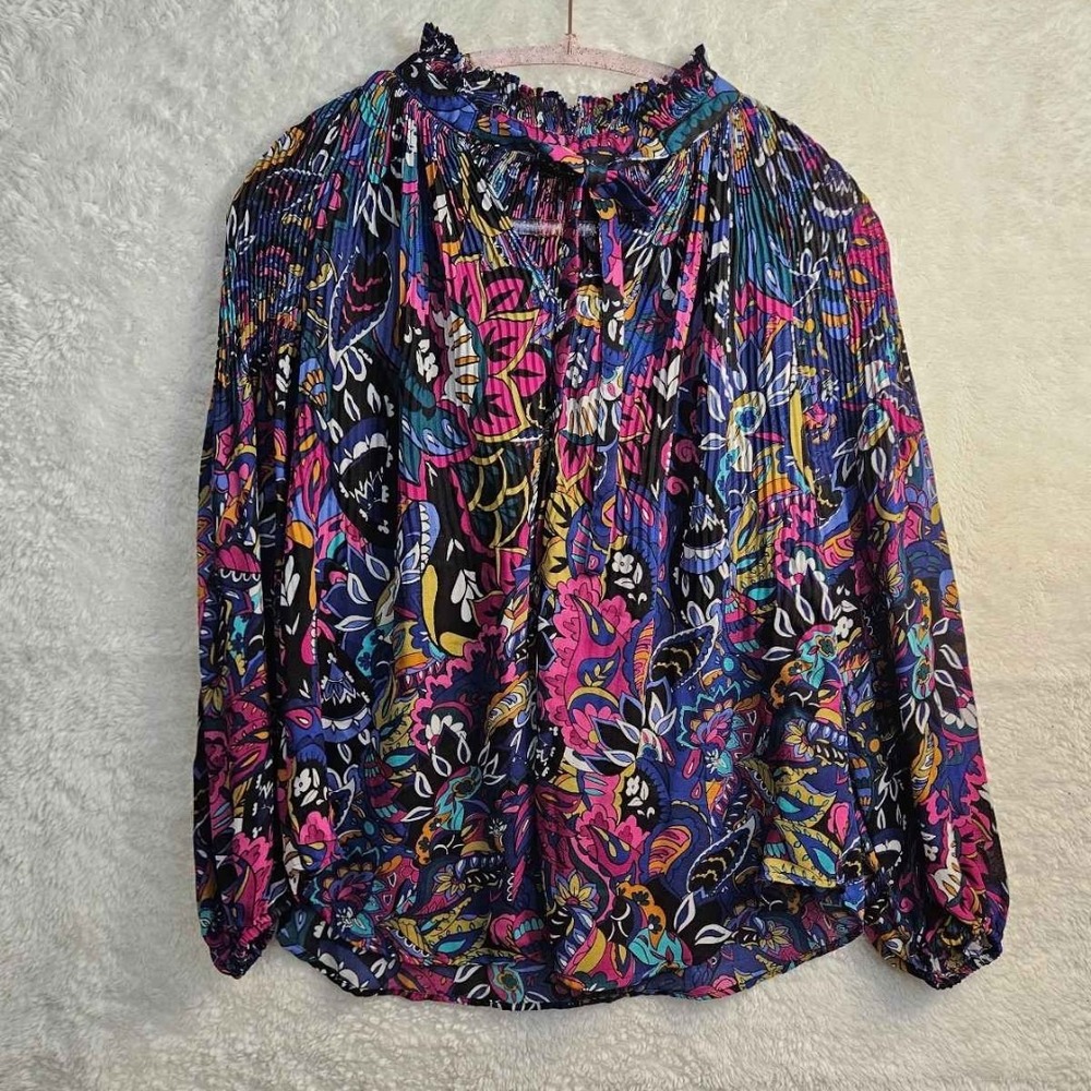 Melissa Paige Sz PS Floral Pleated Layering Blouse Ruffle Neck Flowy Sleeve #558